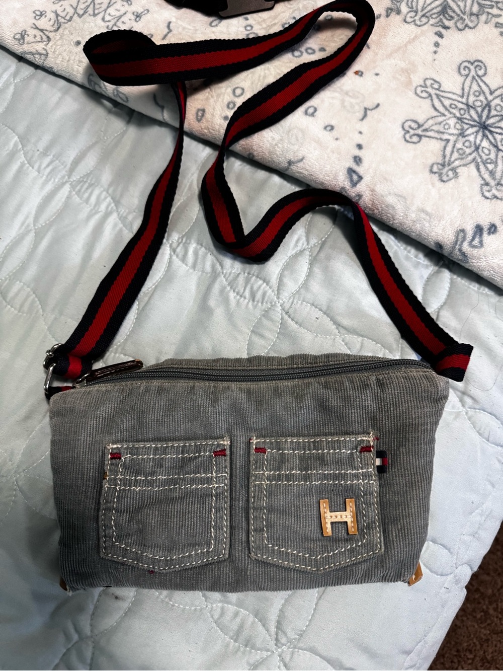 Canvas Crossbody Bag with Striped Shoulder Strap - Gray - Picture 1 of 5